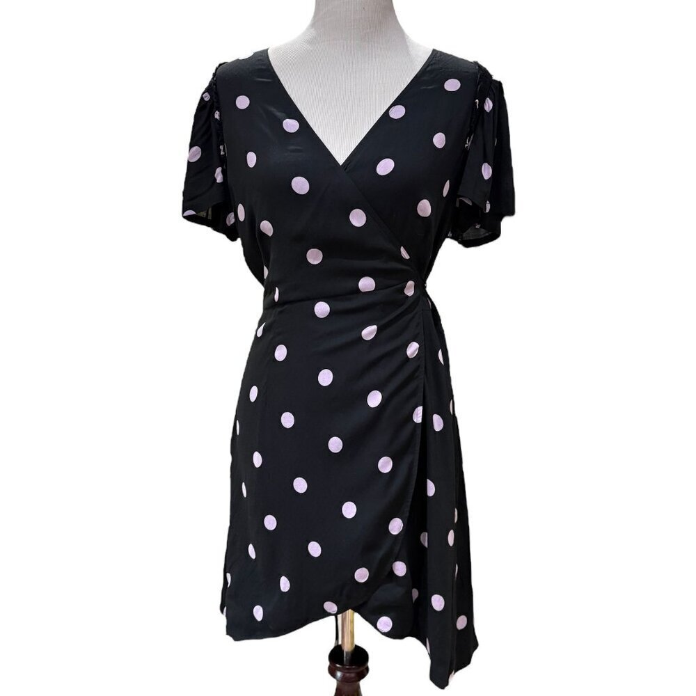 Paige Arlyn Wrap Dress Black With Lavender Polka Dots Size M